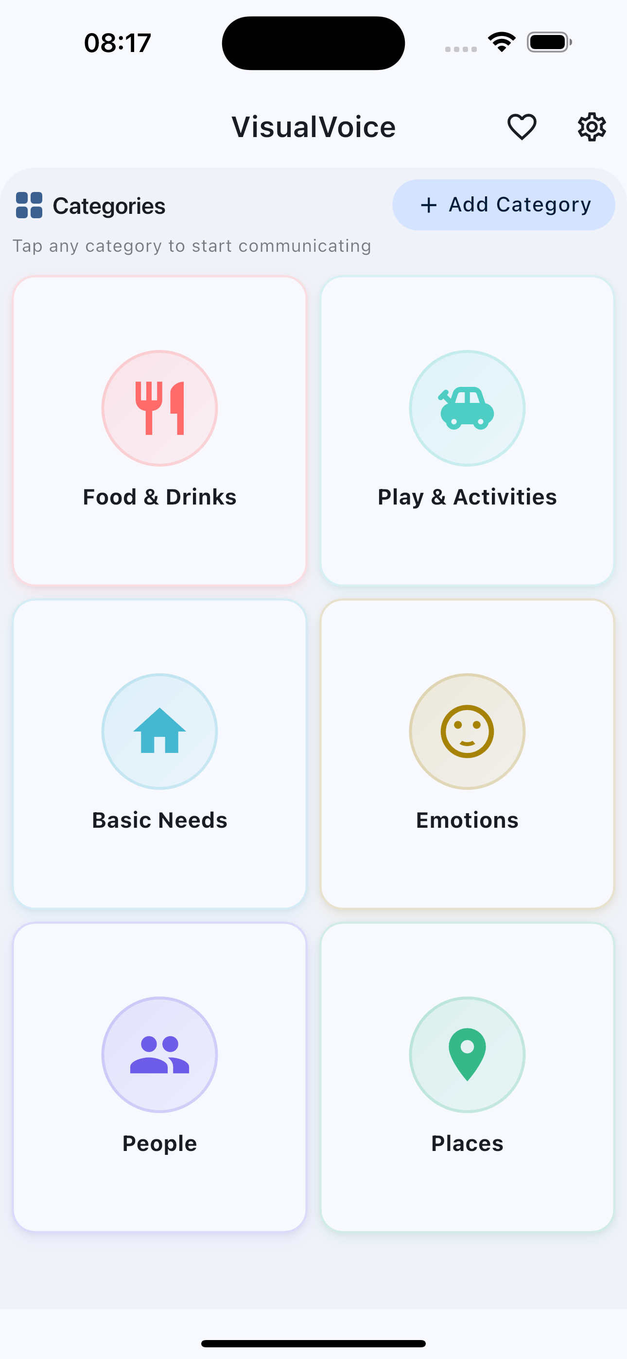 Visual Voice screenshot showing pictogram categories